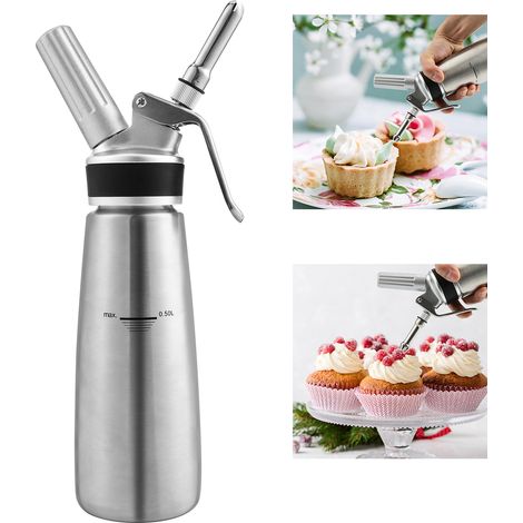 Jiubiaz Sifón de nata de acero inoxidable con 3 boquillas decorativas de acero inoxidable Dispensador de nata montada sin óxido para postres 500 ML