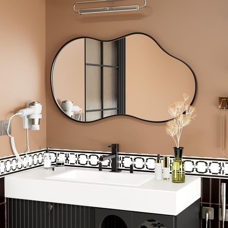 Miroir Mural Asymétrique Noir 60x90cm, Verre Trempé, Nuage Forme (1/5)