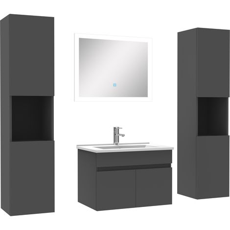 Ensemble meuble de salle de bain 60cm simple vasque + colonne de rangement + miroir lumineux Anthracite