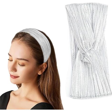 Diadema plateada con nudo para mujer, ajuste holgado, antideslizante, diadema deportiva y de yoga estilo disco, accesorio de los años 70 (plateada). (1/4)