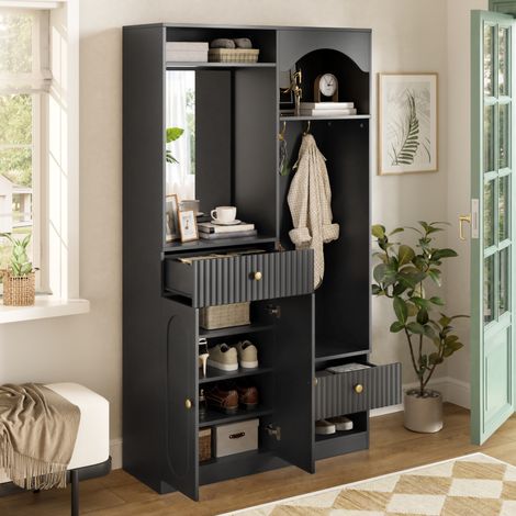 Mueble de Entrada con Espejo, Ganchos, Banco y Estantes Ajustables, LED, Estilo Moderno, MDF, Negro, 100×35×180 cm (1/5)