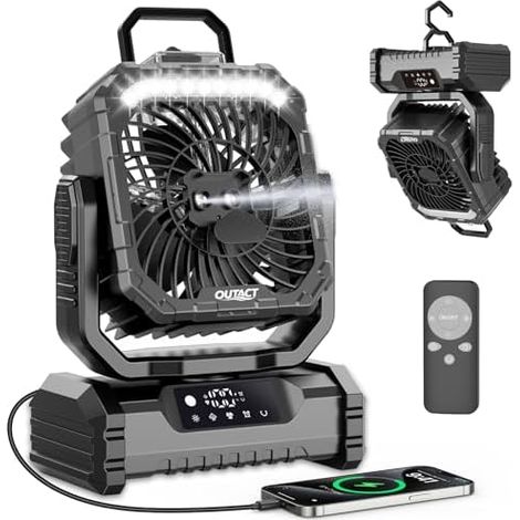 Ventilateur Camping Brume, Batterie 20000 mAh, LED, Crochet, Rotation 270°, Nomade, Noir, Extérieur, Barbecue (1/5)