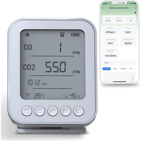 Moniteur de qualité de l'air 6-en-1, écran LCD 5 pouces avec carte mémoire numérique sécurisée de 128 Mo Rétroéclairage Chargement Type-C 5V CO CO2 (1/5)