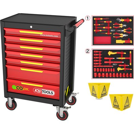 KS Tools ECOline Werkstattwagen SCHWARZ/ROT/GELB mit 42 isolierten Werkzeugen für Hybrid- und Elektrofahrzeuge (1/4)