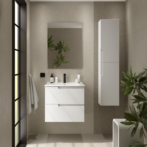 Badezimmermöbel VIMA 600 WHITE SATIN + Waschtisch + Spiegel