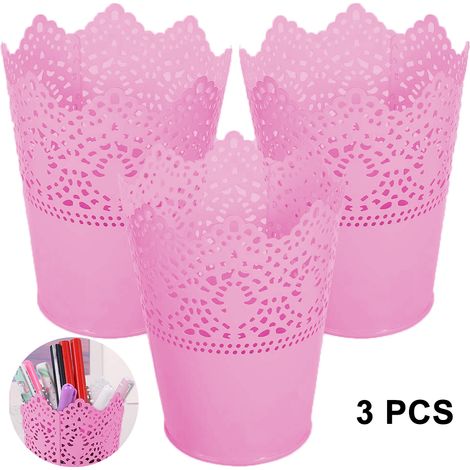 Organisateur Cosmétique - Seau Métallique Creux pour Pinceaux Maquillage et Accessoires - 9,5 x 7 x 12,8 cm - Blanc Rose Violet - Lot de 3 (1/5)
