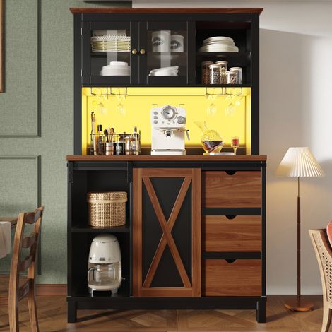 Hochschrank 104x40x180 cm schwarz aus MDF, Metall und Glas mit LED, Schiebetür und verstellbaren Einlegeböden (1/5)