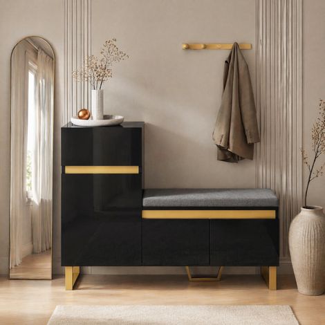 Mueble zapatero con banco, cajón y puertas, 120 x 35 x 85 cm, negro DESVIAE (1/5)