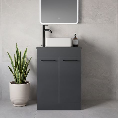 Napoli 390 Gloss Grey 600mm 2 Door Vanity Unit for Countertop Basins - 600mm - Matt Black 160mm Handle