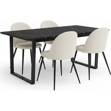 Tilst Essgruppe Esstisch mit schwarzem Marmordruck und 4 Stühlen Samt Beige.