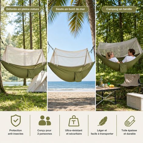 Hamac avec Moustiquaire 260 x 140 cm Toile Vert - Hamac de Camping Double Anti-moustique (1/5)