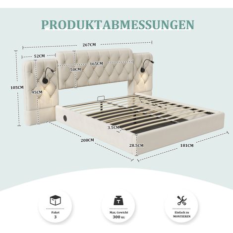 Lit moderne en velours beige 180x200 cm avec tête de lit longue, prises USB, lampe, mécanisme hydraulique et grand espace de rangement sous le sommier