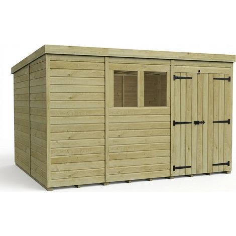 11ft x 10ft Pent Garden Shed Double Door With Windows - Pressure Treated Timber - L335 x W305 x H210 cm - Natural