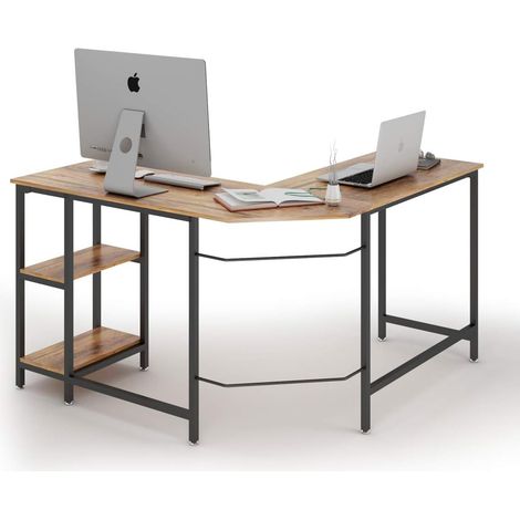 Scrivania a L, postazione da Lavoro per Computer con mensole, scrivania in Legno e Struttura in Acciaio, Tavolo da Lavoro Largo e Resistente per Interni, Tavolo per Ufficio