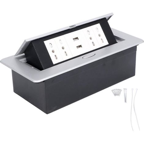 Steckdosenkasten mit 4 Schweizer Standard-3-Loch-Steckdosen, zwei USB-Anschlüssen und versenkbarer Steckdose