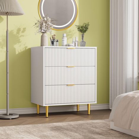 Commode 3 tiroirs blanche en bois façade cannelée 60P x 39,5l x 74,8H cm, poignées et pieds métal chambre salon (1/5)