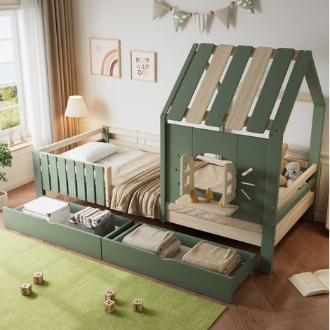 Letto a casetta per bambini 90x200 cm verde e naturale con 2 cassetti, tetto, finestra e barriera su 4 lati (1/5)