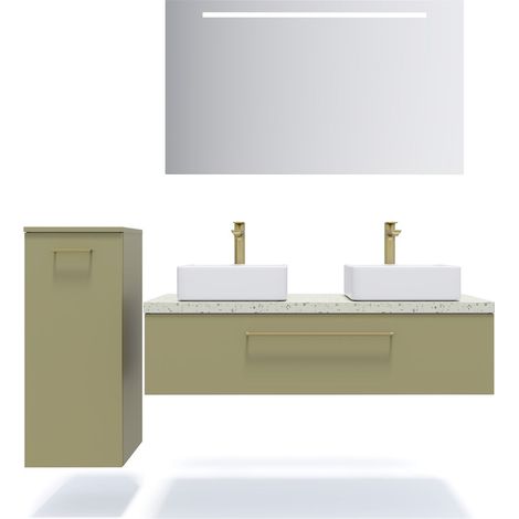 Meuble de salle de bain suspendu 2 vasques à poser 120cm 1 tiroir Vert olive + miroir + colonne ouverture gauche - Glasgow (1/5)
