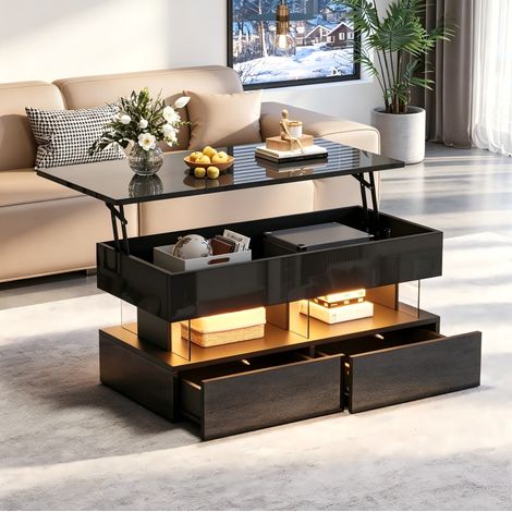 Mesa de centro de MDF y acrílico 100 x 50 x 46 cm negra, elevable con LED y 2 cajones (1/5)