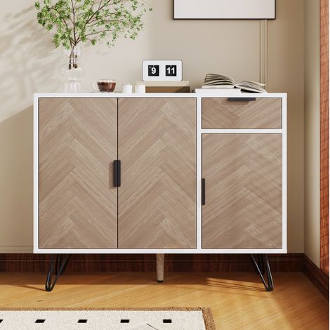 Sideboard 90x30x71.5 cm Weiß und Holzoptik aus MDF und Spanplatte mit Schublade und verstellbaren Einlegeböden (1/5)