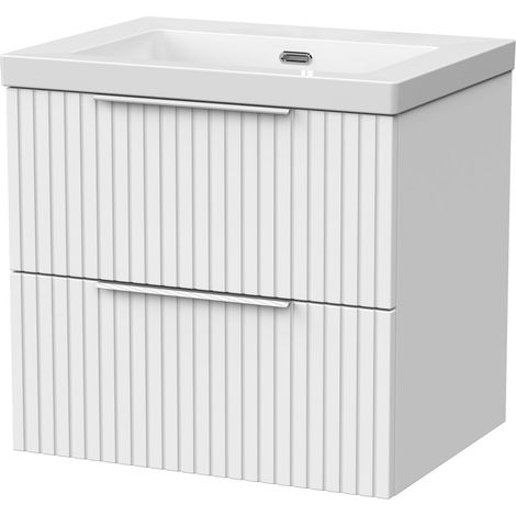 Callingwood Contemporary Wall Hung 2 Drawer Vanity Unit with 0 Tap Hole Fireclay Basin , 600mm, Matt White