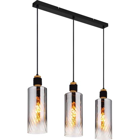 Hängelampe Pendelleuchte Metall schwarz matt Holz braun Glas rauchfarben H 150cm