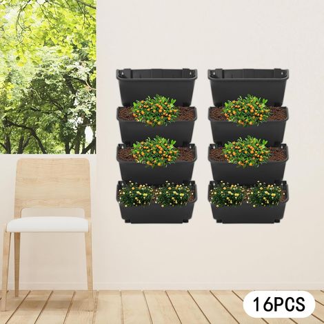 Vertical Wall Planter, Wall-Mounted Living Garden Planter with 16 Plastic Pots Stackable Wall Hanging Flower Pot Clasp Design for Vegetables Flowers Black (1/5)