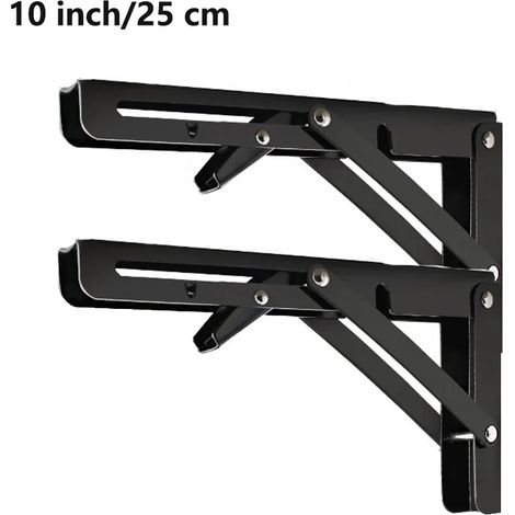 (Noir 25 cm - 2 pièces) 2 supports d'étagère pliables robustes en acier, fixation murale, pour établi, étagères de table, équerre de fixation - Quincaillerie pour la maison (1/5)
