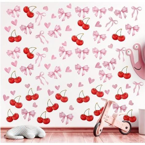4 Bow Tie Stickers, 11.7x7.8in, Cherry Heart Watercolor Design, for door, mirror, or glass decoration. (1/5)