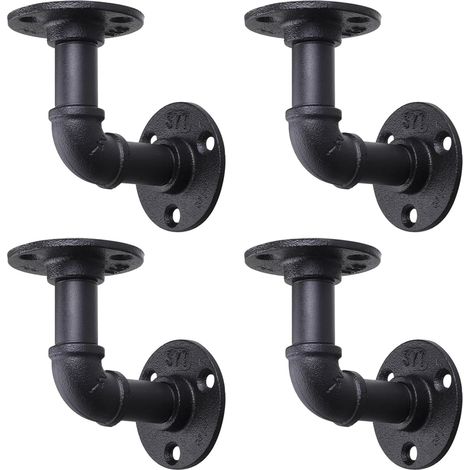 Supports Étagère Style Industriel en Noir Tuyau, Équerres Murales Flottantes avec Vis, Support Robuste pour Planche en Bois - 10×10cm (4, Noir) (1/5)