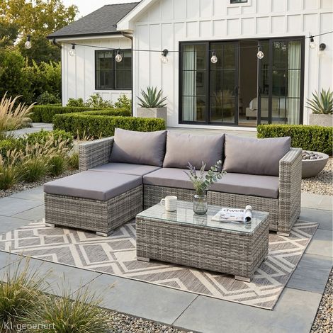 Svita – Ensemble de salon de jardin 5 pièces en polyrotin gris – 2 éléments d'angle et 1 central – Table basse avec plateau en verre – Coussins confortables 8 cm
