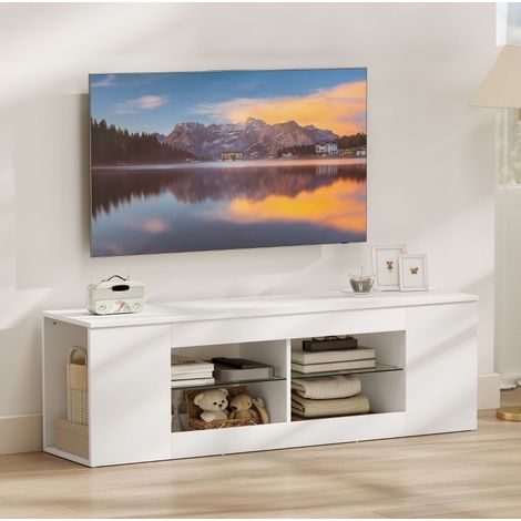 Meuble TV 140x35x42,5 cm en panneaux de bois blanc, avec rangement pour salon FloraGrace (1/5)