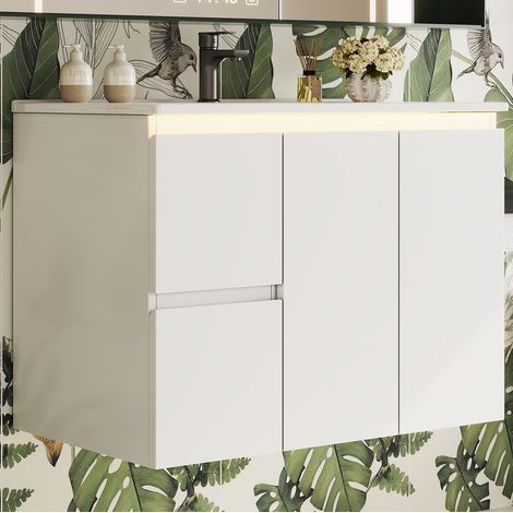 Wand-Waschtischunterschrank 76x47x57 cm aus MDF und Keramik, weiß, mit LED – MEUBLIV (1/5)
