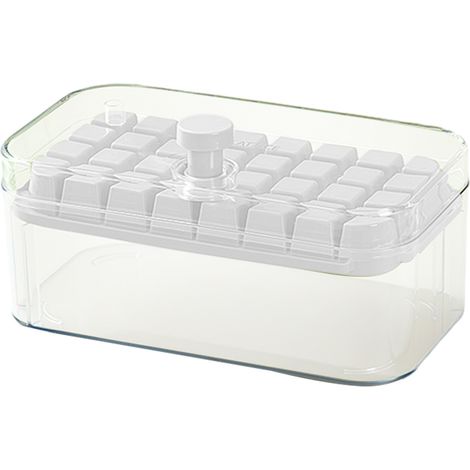 Bandeja para cubitos de hielo con tapa y depósito, molde con cubo y cuchara, 32 cubitos de hielo de PP aptos para uso alimentario para congelador. (1/5)