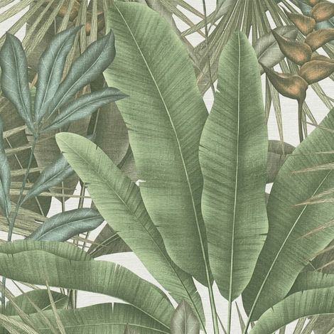 Papel pintado naturaleza Profhome 396472 papel pintado vinílico estampado en caliente tejido non tejido ligeramente texturado con dibujo de jungla mate verde blanco beige 5,33 m2