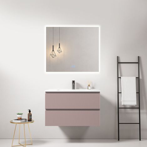 Mobile bagno sospeso cannettato 80 cm Rosa Retro Lavabo in Ceramica Specchio Quadro Retroilluminato - Fiji Paint (1/4)