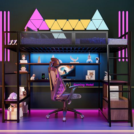 Cama alta para adultos de 140 x 200 cm con escritorio integrado, iluminación LED y estación de carga, espacio de almacenamiento, metal negro/MDF (1/5)