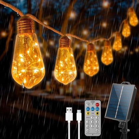 Guirlande Lumineuse Exterieure, Guirlande Guinguette Solaire avec 16 Ampoules, Corde de Chanvre 10M, 8 Modes IP64 Étanche, Télécommande et Chargement USB, pour Jardins, Cours, Bistrots,Pavillondyk-alo (1/4)