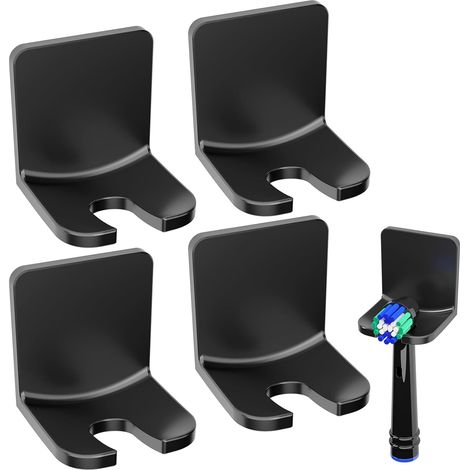 Ensemble de quatre supports noirs pour brosses à dents électriques, support de rangement pour têtes de brosses à dents spécialement conçu pour la salle de bain. (1/5)