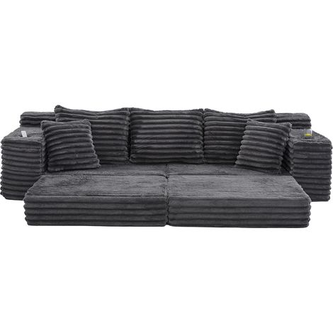 Canapé modulable convertible en velours côtelé gris foncé, dossier haut, coussins et poches latérales, porte-gobelets, 273 cm, CHICFURN (1/5)