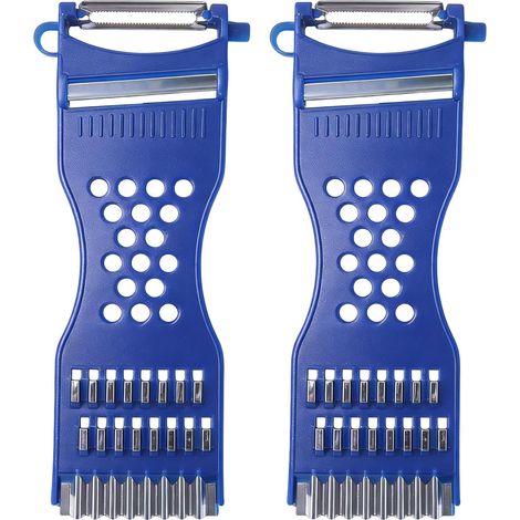 Pelapatate multifunzione 6 in 1, tagliaverdure 6 in 1, 2 pezzi blu con foro per appenderlo, lama in acciaio inox per patate, carote e cetrioli (1/5)