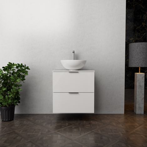 Inda - Badezimmerschrank B.60 mit Aufsatzwaschbecken / Hochglanzweiß 2 Schubladen - Topazio