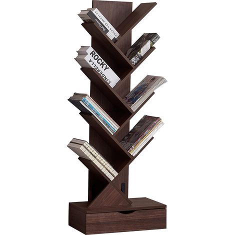 Tree-shaped bookcase with drawer, freestanding bookcase for DVDs/CDs/magazines/books for living room, bedroom, home office (83 x 37 x 17 cm) (1/5)