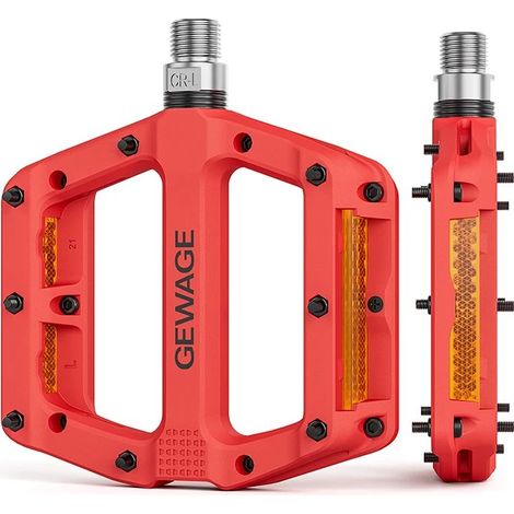 Pedales de plataforma de nailon rojo GEWAGE para bicicleta con pines y reflectores. (1/3)