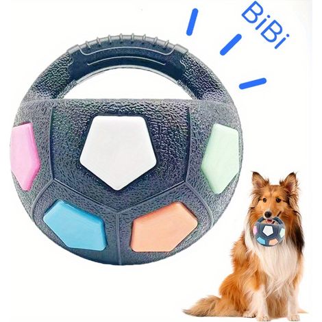 1 à 2 jouets sonores en forme de ballon de football pour animaux de compagnie, en TPR durable de 14 cm, avec poignée, interactif à lancer pour chiens de toutes tailles.Arc-en-ciel noir (1/5)