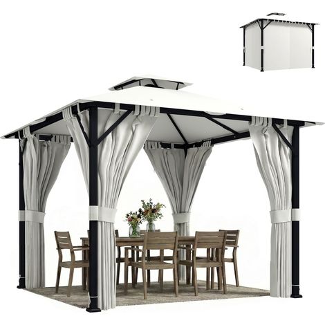 Tonnelle de jardin extérieur 3x3m pavillon de jardin, toit double, rideaux, crochets de plafond, cadre en métal, crème (1/5)