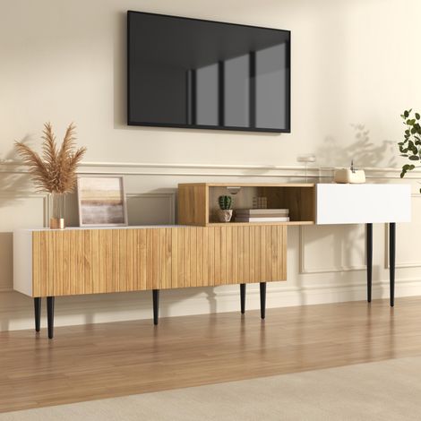 MEUBLIV Mueble TV modular 220x30x63,5 cm madera y blanco – almacenamiento con pasacables (1/5)