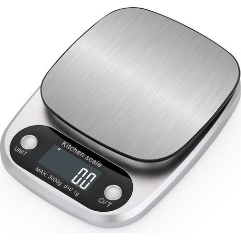 Balance de cuisine électronique 3 kg/0,1 g, boîtier en plastique avec grand écran LCD, fonction tare, arrêt automatique, idéale pour la cuisine et le barbecue. (1/3)