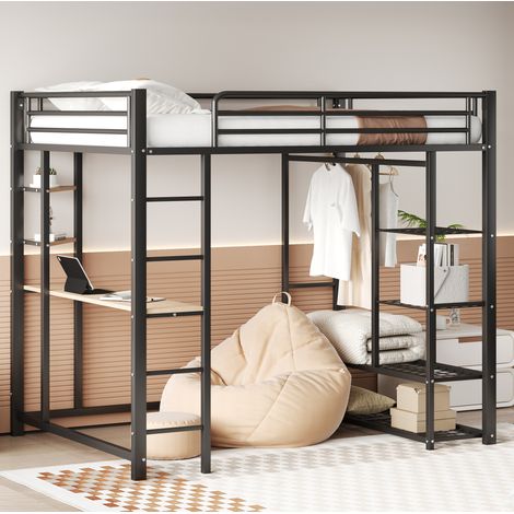 Hochbett Metall Schwarz 140x200 cm mit Schreibtisch, Regalen und Kleiderstange (1/5)
