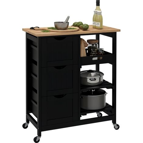 HOMCOM carro de cocina con ruedas, con 3 cajones, 2 estantes abiertos y bandeja extraíble para comedor salón 67x37x85,5 cm negro (1/5)
